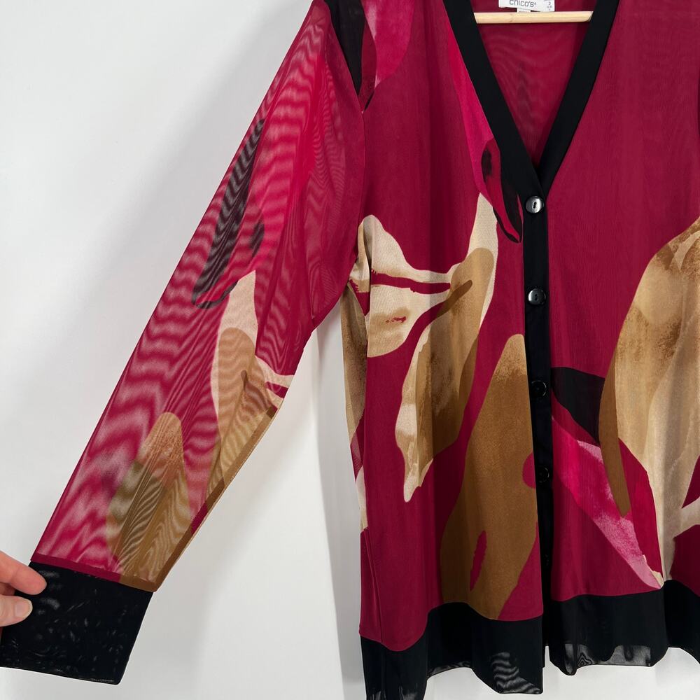Chicos Abstract Mesh Cardigan Womens 2 US Large Pink Blossom Button V Neck Sheer - Picture 3 of 8